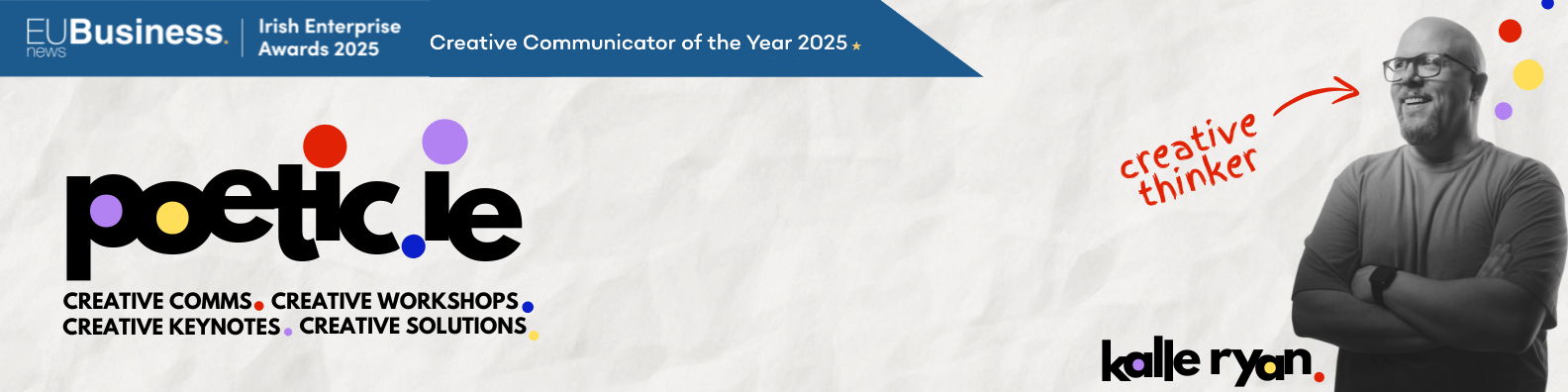 Banner: Creative communicator of the year 2025. Kalle Ryan. Creative Thinker.